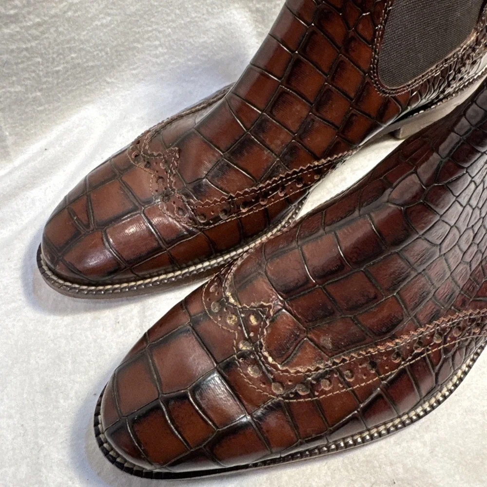 Stacy‎ Adams Leather Tooled Croc Men's Ankle Dress Boots Burgundy Brown Sz 9.5 M